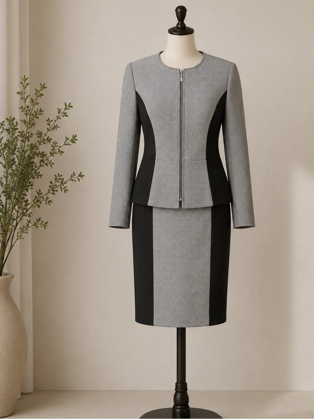 Tahari Black and White Textured Zip-Front Jacket